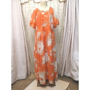 Simply Vera Wang Maxi Dress Plus Sz 2XL Coral Flowy Puff Sleeve Tropical Floral